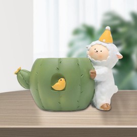 QUINTRA Cartoon Resin Fleshy Small Flowerpot Micro View Flowerware Tabletop Green Potted Gardening Flower Pot Wooden Children (D, One Size)