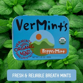 VerMints Organic Breath Mints PepperMint Candy Mints for Real Long-Lasting Flavor, Travel Size Tin - Non-GMO, Nut Free, Gluten Free, Vegan, Kosher Peppermints - 1.41oz Tins (Pack of 6)