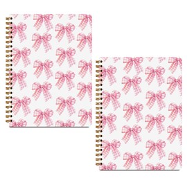 2 PCs Coquette Pink Bows Spiral Notebook Trendy Preppy Plaid Bow Journaling Notebooks Aesthetic Design Gifts for Women Girls Note Book Writing Journal Hardcover Notebook Classroom Office Supplies