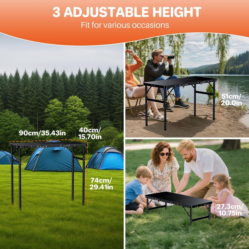 FUNYKICH 3ft Camping Folding Table with 3 Height(35.4'' Lx15.7'' W),