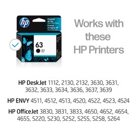 HP 63 Black Ink Cartridge | Works with DeskJet 1112, 2130, 3630; Envy 4510, 4520; OfficeJet 3830, 4650, 5200 Series | Eligible for Instant Ink | F6U62AN