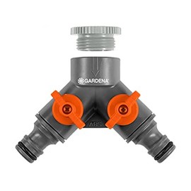 Gardena Distribuidor Doble para grifos 20/27 y 26/34. 2 ajustables con válvula de cierre en CADA Salida, Estándar
