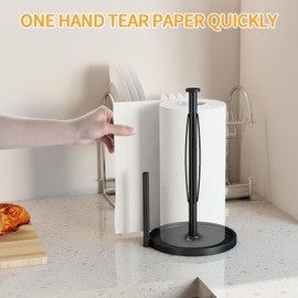 Paper Towel Holder Countertop, One-Handed Tear Paper Towel Roll Holder with EVA Non-Slip Pad & Weighted Base, Freestanding Papertowel Holder Stand for Home Kitchen Bathroom, Black