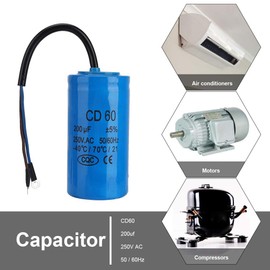 CD60 Capacitor 250V 200uf, Jectse Operating Capacitor Motor Capacitor Starting Capacitor with Good Impact Resistance, Strong Overload Capacity for Air Conditioners, Compressors and Motors