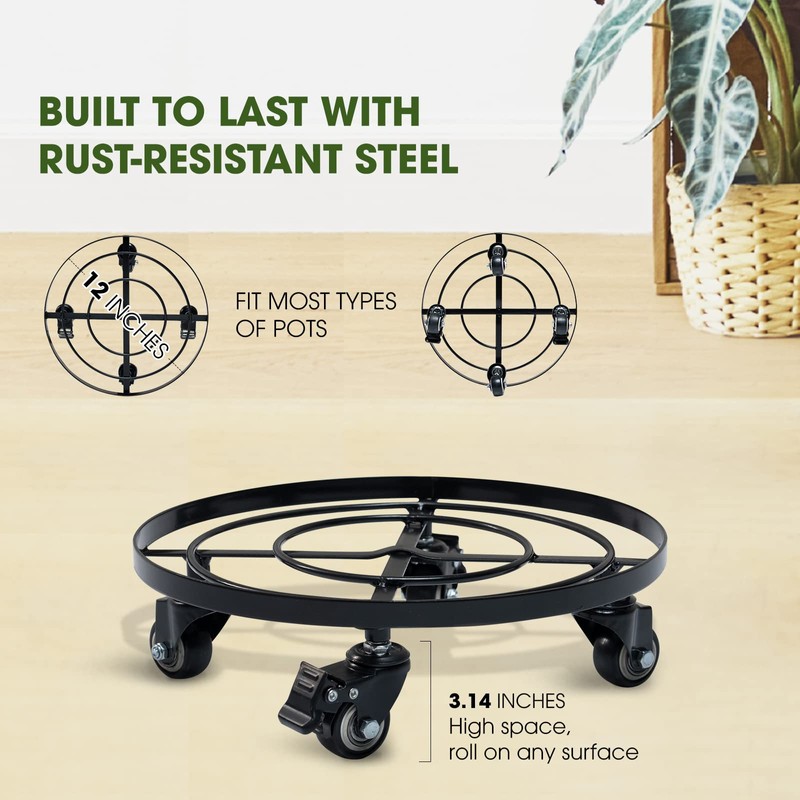 Idzo Round Heavy Duty Plant Caddy with Wheels, Cast Iron