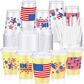 Jingmore 50 Sets 12oz 4th of July Plastic Cups with Lids and Straws Clear Disposable Patriotic Plastic Drinking Cups for Independence Day Memorial Day Party Supplies