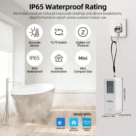 eMylo Zigbee Temperature Humidity Sensor, IP65 Waterproof Smart Indoor Outdoor Thermometer Hygrometer, Compatible with Echo, SmartThings, Home Assistant, Tuya, Hub Required for Home Automation