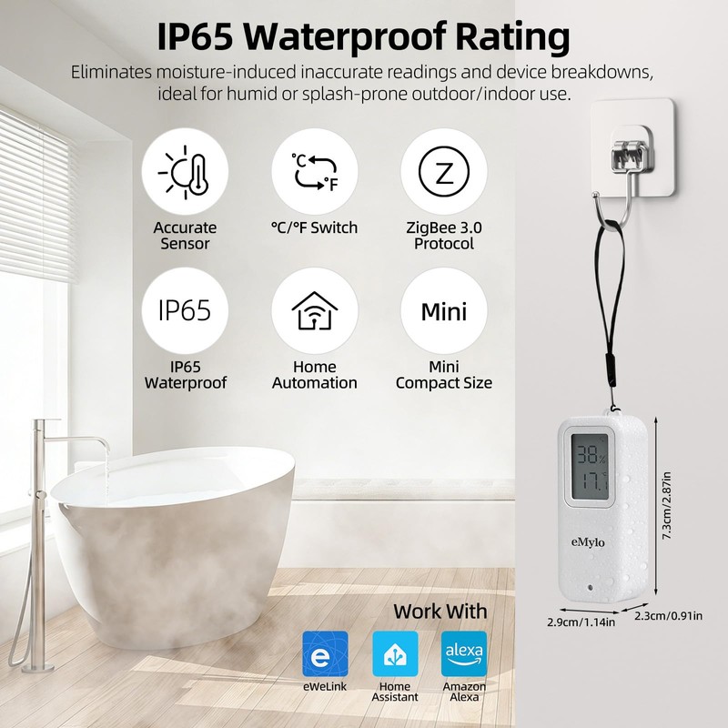 eMylo Zigbee Temperature Humidity Sensor, IP65 Waterproof Smart Indoor Outdoor