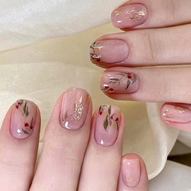 Flower Press on Nail Short 24pcs Spring Summer Flower Fake Nail Sqaure Floral Full Clover False Nail for Women Girls (06-pink flower)