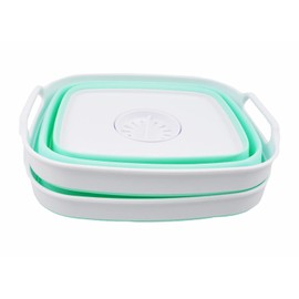 SAMMART 7.5L (2 Gallons) Collapsible Dishpan with Draining Plug - Foldable Washing Basin - Portable Dish Washing Tub - Space Saving y (White/Light Green (Set of 2), 2)