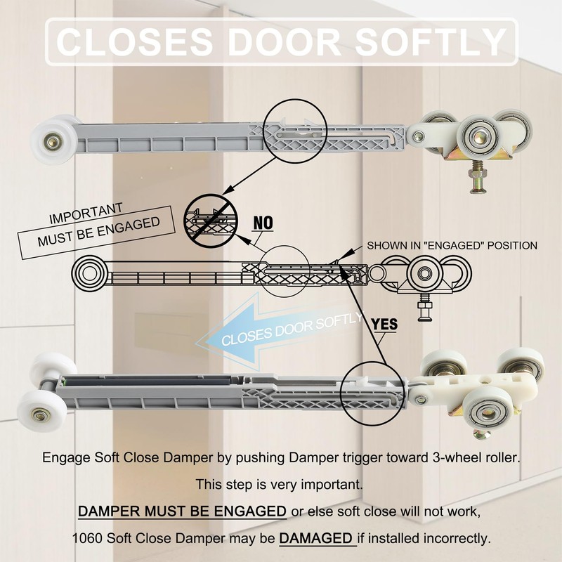 2 Set Pocket Door Soft Close Top Hanger Assemblies Fit