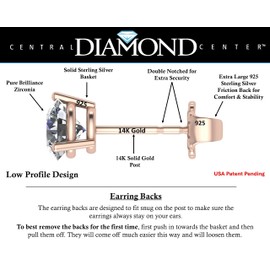 Central Diamond Center 14K Gold Post & Sterling Silver Zirconia 3 Prong Martini Stud Earrings - Rose Gold Plated 8.00mm 4.00cttw