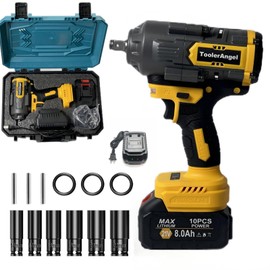 1600Nm Impact Wrench, 1/2" 1180ft-lbs Cordless Impact Gun with 1 x 8.0Ah Battery, 21V High Torque Power Impact Driver with 6 Sockets， Pistola Llave De Impacto for Truck RV Car Heavy Construction