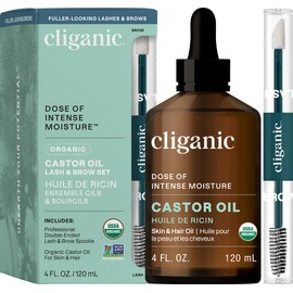 Cliganic Organic Castor Oil, 100% Pure (4oz Glass Bottle with Eyelash Kit) - For Eyelashes, Eyebrows, Hair & Skin (Packaging May Vary)