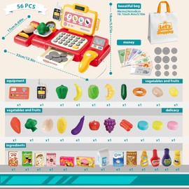 56PCS Caja registradora Juguetes para niñas Juegos de imaginación Supermercado Tienda Juguetes Caja Escáner Juguetes con Sonidos y Juegue Comida, Dinero, Juguetes de supermercado y más