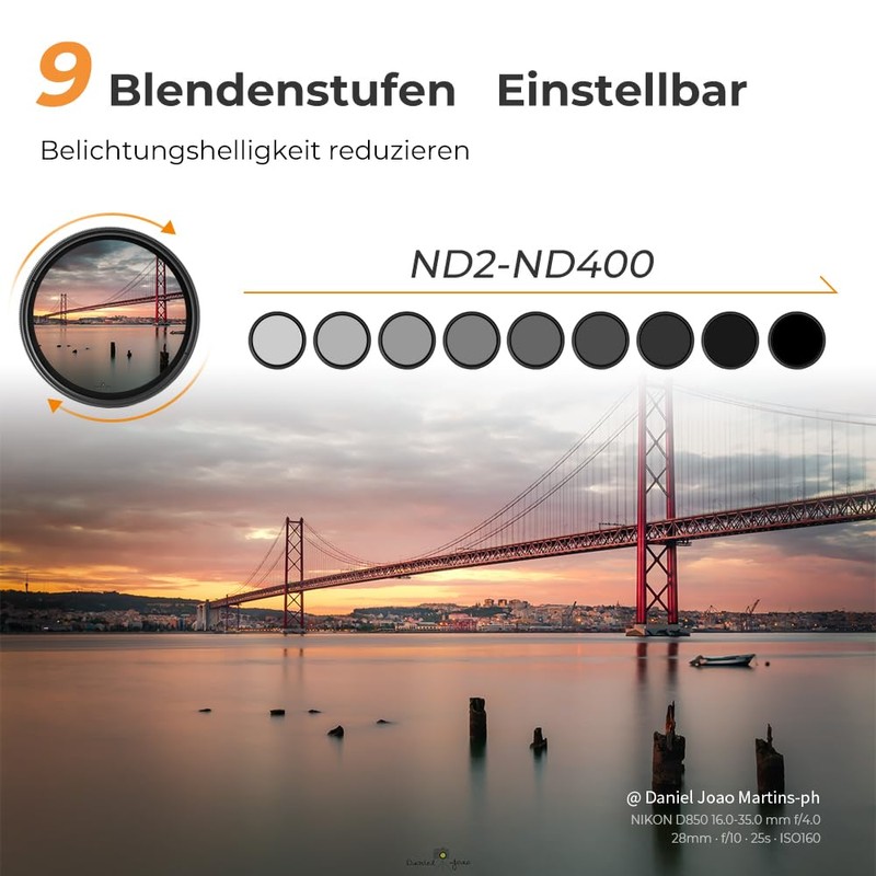 K&F Concept Slim Filter Lens ND2-ND400, Variable, Neutral Density For