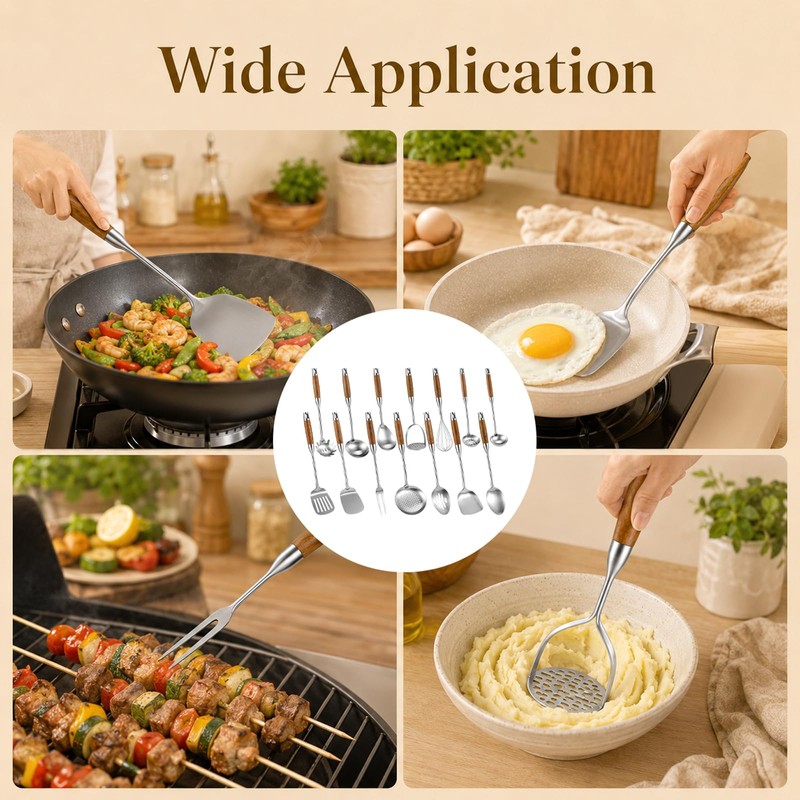 14 Pcs Stainless Steel Kitchen Utensils Set - Wooden Handle