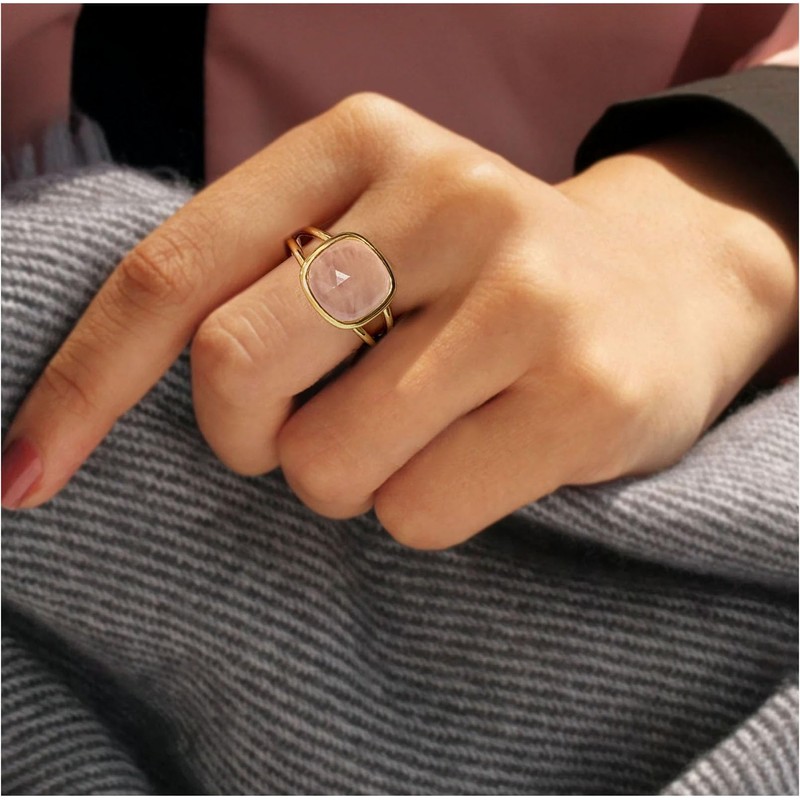 Rose Quartz Ring, Natural Square Faceted Pink Crystal Rings for