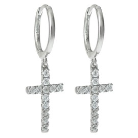 Rhodium-Plated Sterling Silver Cubic Zirconia Christian Cross Dangle Hoop Huggie Earrings