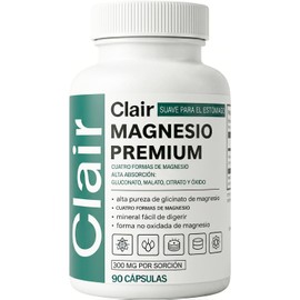 Clair Magnesio Premium, Clair Magnesio, Suplemento de alta absorción, Ingredientes sin OGM, Sin Gluten ni SOJA, Apto para veganos, Suave para el estómago, 90 cápsulas. (1 artículo)