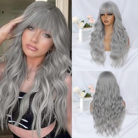 Gray Wig with Bangs for Women, Long Wavy Grey Wig 26 Inch Wigs Heat Resistant Synthetic Colorful Wig