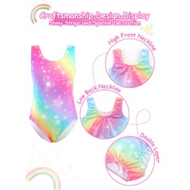 XiaoMoSha Gymnastics Leotards for Girls with Shorts and Hair Tie Sparkly Ballet Dance Set Rainbow Kids Sleeveless Unitards Sparking Gymnastics Outfits Tumbling Biketards Rainbow 7-8Y