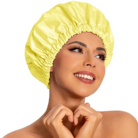 Edoneery Shower Cap for Women, Reusable Large Waterproof Shower Bonnet Washable Elastic Band Bath Hair Hat for Long Hair, Braids(Bright Yellow)