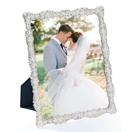 DIKAR 8x10 Picture Frame with Pearl for Wedding, Silver Plated with HD Acylic Finish Photo Frames with Rhinestones for Horizontal and Vertical Decor Tabletop Display