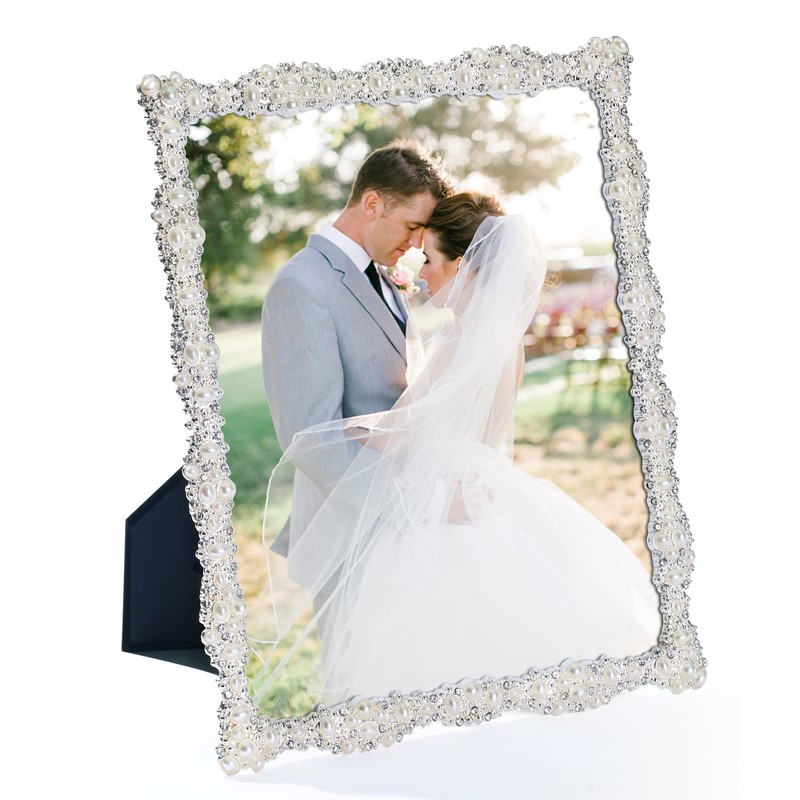 DIKAR 8x10 Picture Frame with Pearl for Wedding, Silver Plated