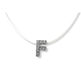 Initial Necklace - Letter - Name - Alphabet - Rhinestones - Letter F - White Lace - Gift Idea, Faux Leather, No Gemstone