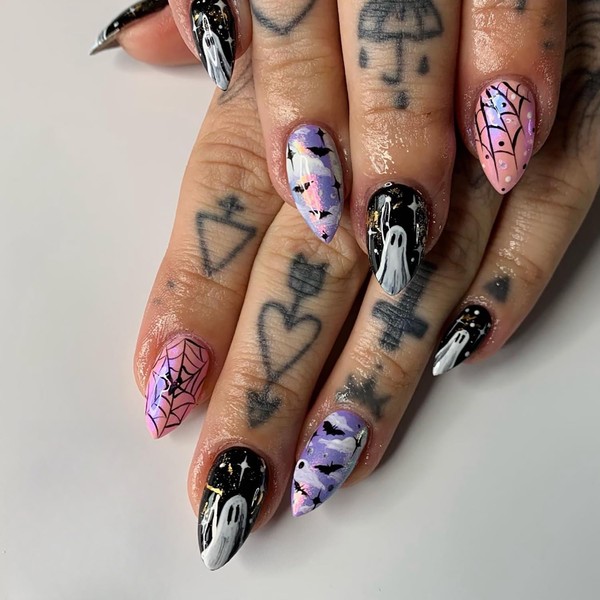 24Pcs Halloween Press on Nails Medium Almond Fake Nails with