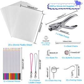 Heat Shrink Plastic Sheets Keychain Kit, 188Pcs Shrinky Dink Sheets Shrinky Dink Paper Shrink Art Kits for Kids Including 20Pcs Shrink Paper Sheets, Hole Punch, Pencils, Keychains for Crafts