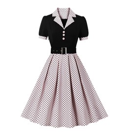 Notch Lapel Peter Pan Collar Vintage Dress for Women 1950s Polka Dot Rockabilly Dresses Belted Buttons Contrast Color Patchwork Office Work Tea Party Dress 50s 60s Audrey Hepburn Dress Black+Pink M