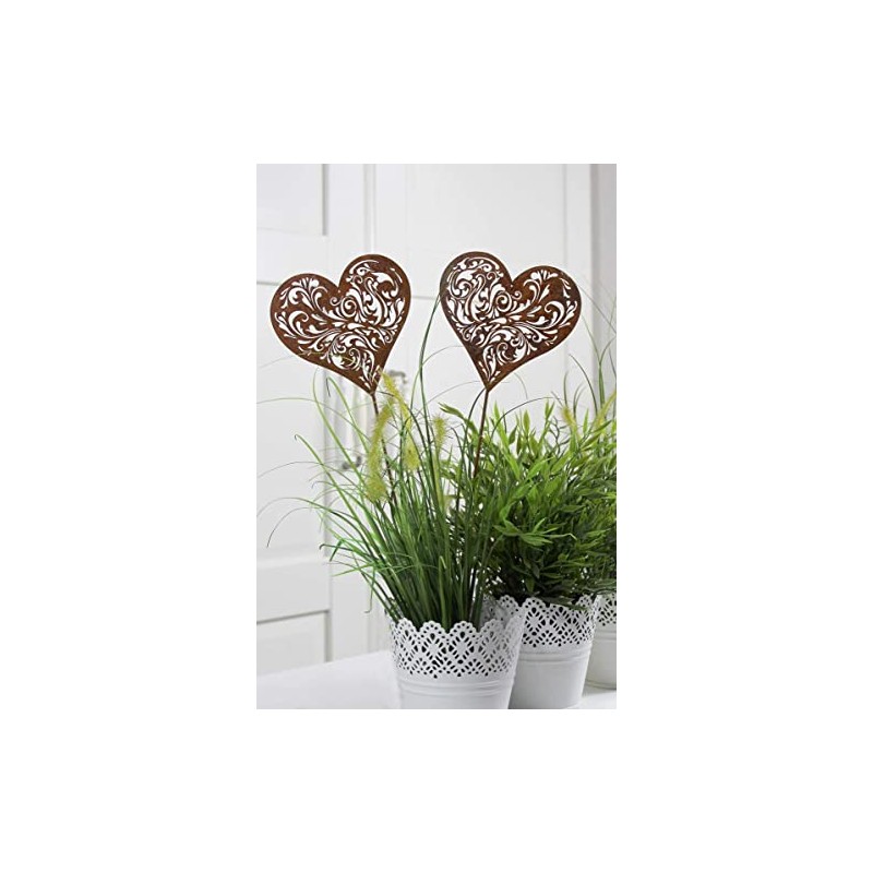 LB H&F Set of 2 Garden Stakes Heart Rust Decorative
