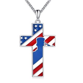 YONFQE American Flag Cross Necklace Sterling Silver Flag Cross Pendant Faith Jewelry Gift for Women