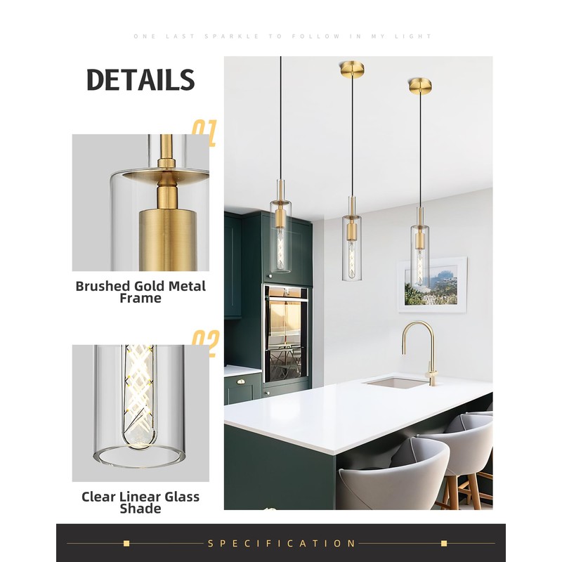 AUTELO 3-Pack Pendant Lights Kitchen Island, Brushed Gold Pendant Light