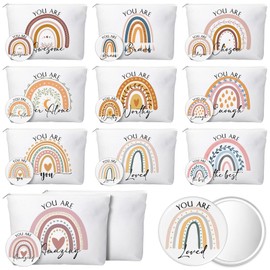 Vercraft 20 Pcs Employee Appreciation Gifts 10 Inspirational Canvas Makeup Bags 10 Compact Mirrors Bulk Cosmetic Bags Round Portable Pocket Mirror Thank You Gifts for Women (Rainbow)