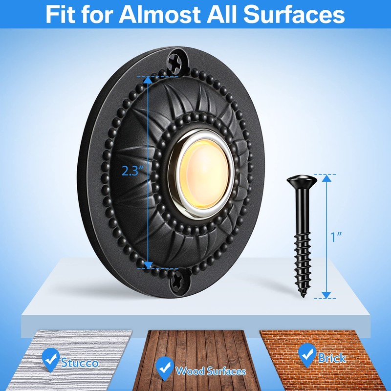 Dreyoo Round Metal Doorbell Push Button, Black Wired Lighted Up