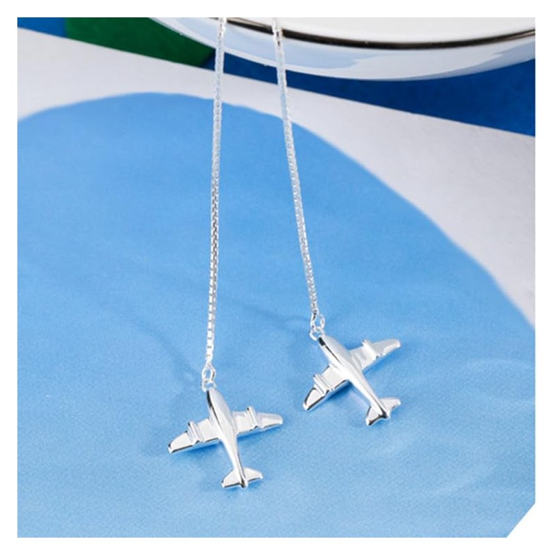 Rockyu Women's 925 Silver Earrings, Airplane Motif, Long Chain Earrings,