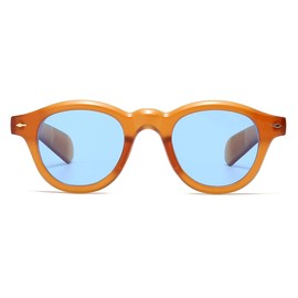 JOVAKIT Trendy Round Sunglasses for Women Men 90s Retro Vintage Classic Fashion Round Frame Sun Glasses Black Shades (Light Tea/Blue)