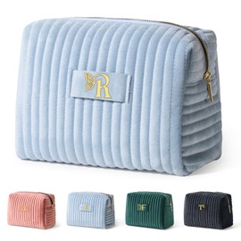 COSHAYSOO Travel Makeup Bag Quilted Make Up Pouch Initial Cosmetic Case for Women Hair Eyebrow Eyeshadow Brushes Powder Foundation Blush Bronzer Contour Palette Items Organizer Blue Letter R