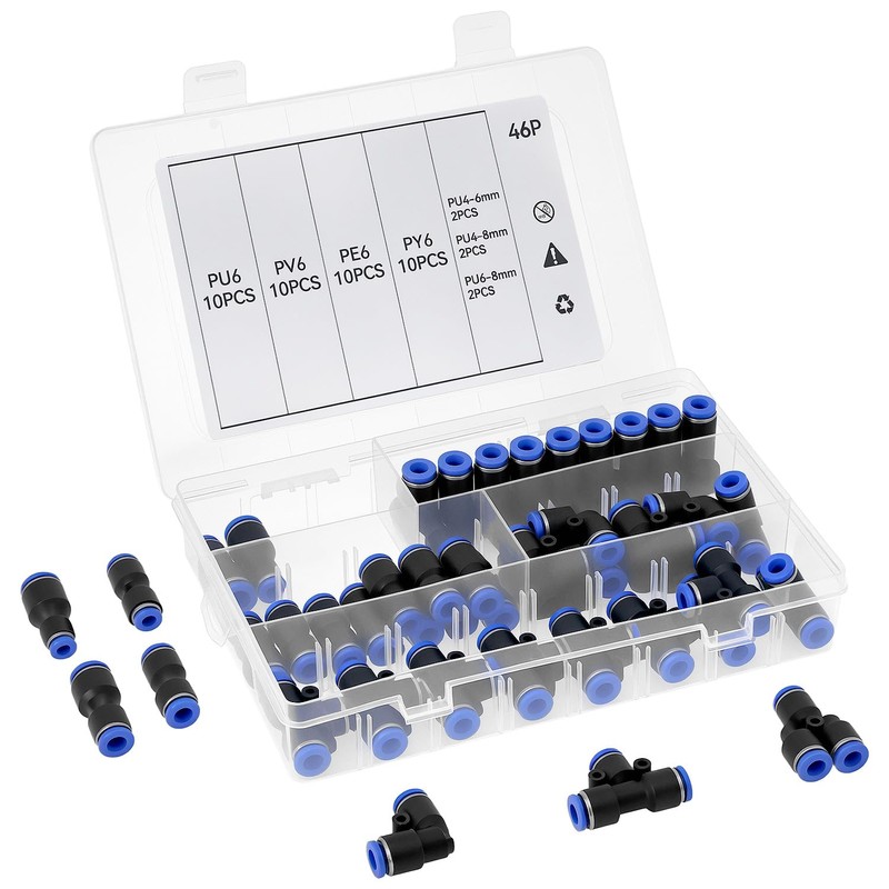QWORK® 46-teiliges Pneumatisches Quick-Push-In-Anschlussset für 4mm/6mm/8mm-Luftschläuche - inkl. Gerade/Winkel-/T-/Splitter-Anschluss &