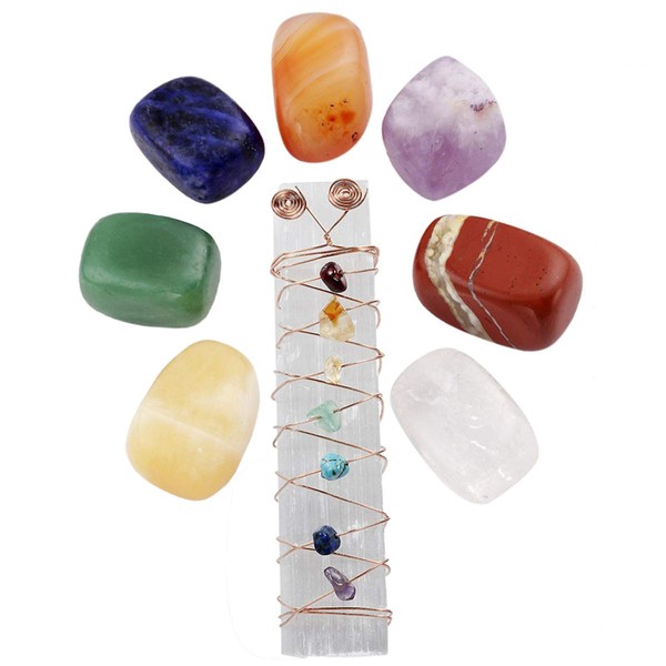 mookaitedecor Healing Crystals Set,7 Chakra Stones & Crystal Selenite Wand Wire Wrapped Tumbled Chip Stone Kits for Reiki,Balancing