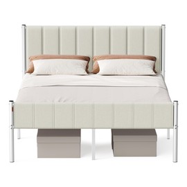 VASAGLE Queen Bed Frame with Upholstered Headboard, Metal Bed Frame Queen Size with Footboard, 1100 lb Weight Capacity, Steel Slats, Easy Assembly, No Box Spring Needed, Cappuccino Beige URMB981W01V1