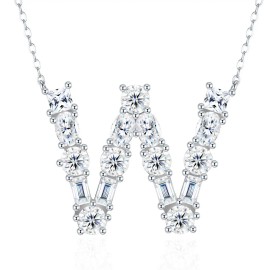 Pass Diamond Tester Letter Q Multi Cut VVS Moissanite Necklace 925 Silver Platinum Plated Elegant Fine Jewelry NecklaceColor: Silver, Length: 18inches, Design: W