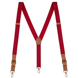 Buyless Fashion Leather End Suspenders for Men - 48" Elastic Adjustable Straps 1" - Y Back with Metal Hooks - 5139-Red