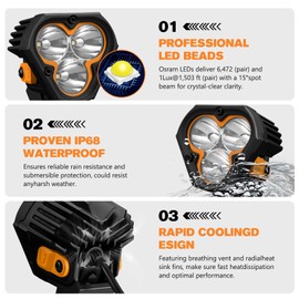 LIGHTFOX 3 Inch LED Pod Lights, 2 PCS 6472LM 15° Spot Beam Light with Dual Color Spot&Flood Lens Covers, IP68 Die-cast Aluminum Off-Road Triangle Driving Lights with Anti-corrosion Coating for 4x4 4WD