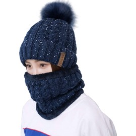 ZEXIAN Womens Girls Winter Warm Pom Knit Ski Beanie Hat and Scarf Set (Navy Blue)