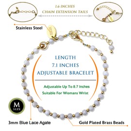 Morchic Blue Lace Agate Natural Gemstone Adjustable Bracelet for Women, 3mm Mini Beads Energy Gem Charm Jewelry, Birthday Gift 7.1"