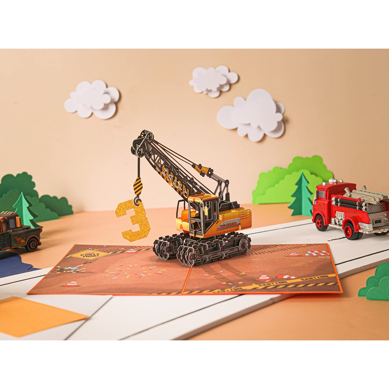 Liif Crane Truck Happy 3rd Birthday Card,3D Greeting Pop Up